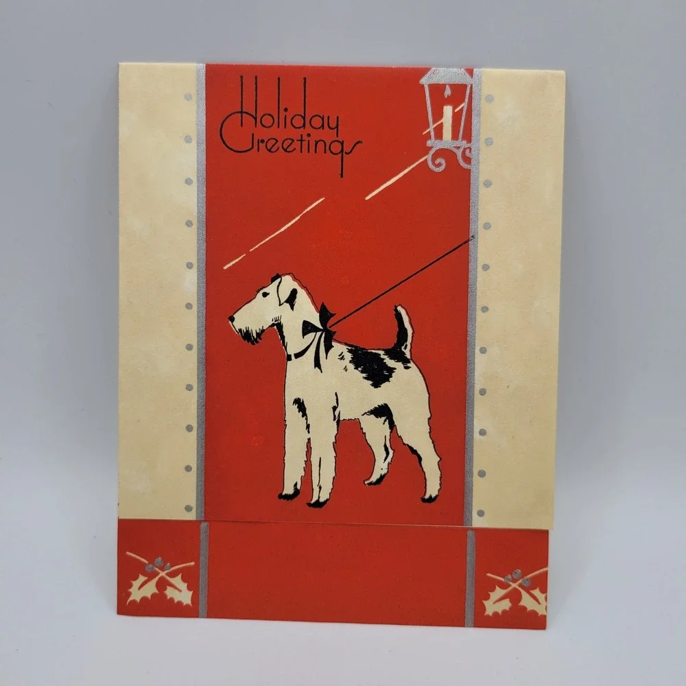 Vintage Holiday Greetings‎ Card Dog with Lamp Christmas Season